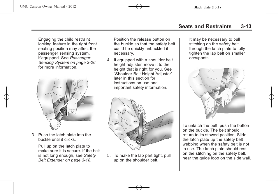 Seats and restraints 3-13 | GMC 2012 Canyon User Manual | Page 57 / 386