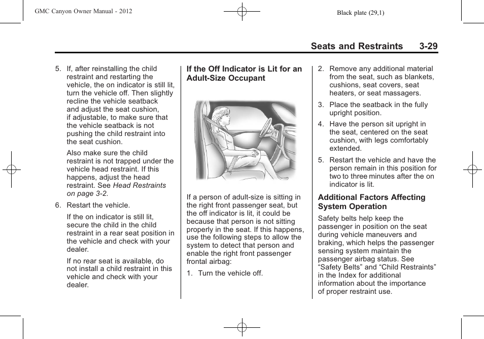 Seats and restraints 3-29 | GMC 2012 Canyon User Manual | Page 73 / 386