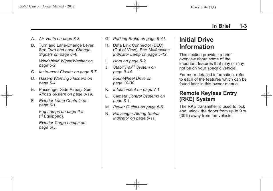 Initial drive information, Remote keyless entry (rke) system, Initial drive information -3 | Starting and operating, System -3 | GMC 2012 Canyon User Manual | Page 9 / 386