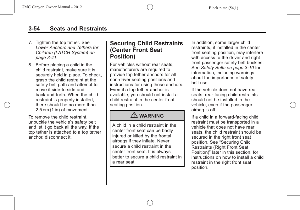 Securing child restraints, Center front seat position) -54 | GMC 2012 Canyon User Manual | Page 98 / 386