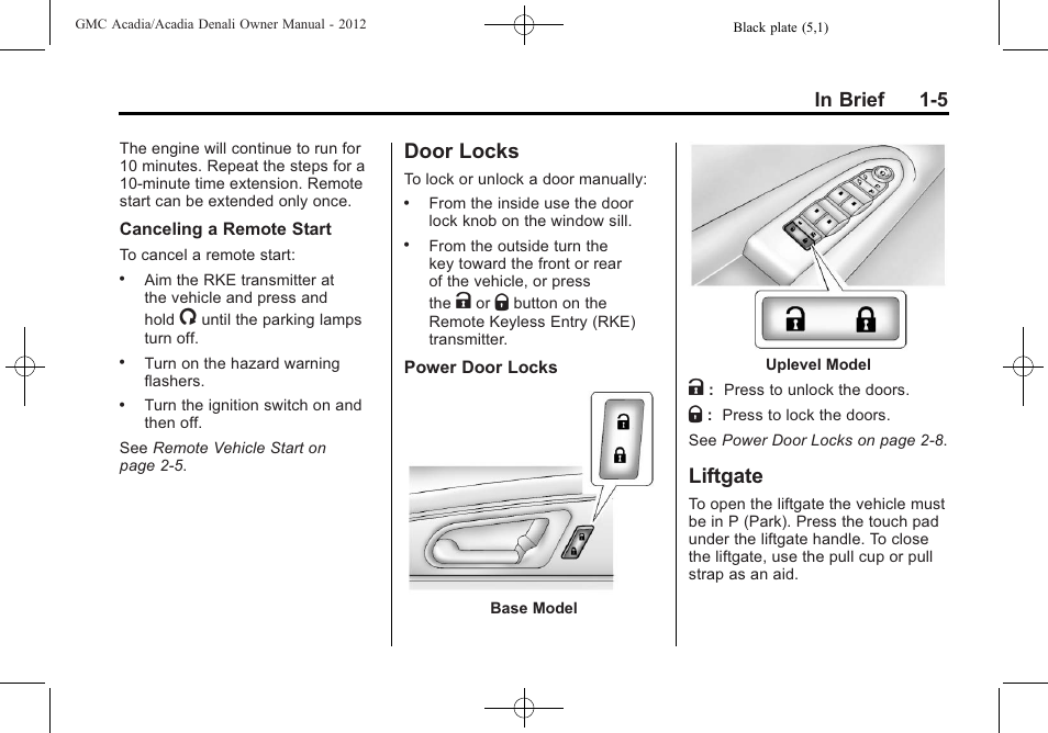 Door locks, Liftgate, Door locks -5 liftgate -5 | GMC 2012 Acadia User Manual | Page 11 / 456