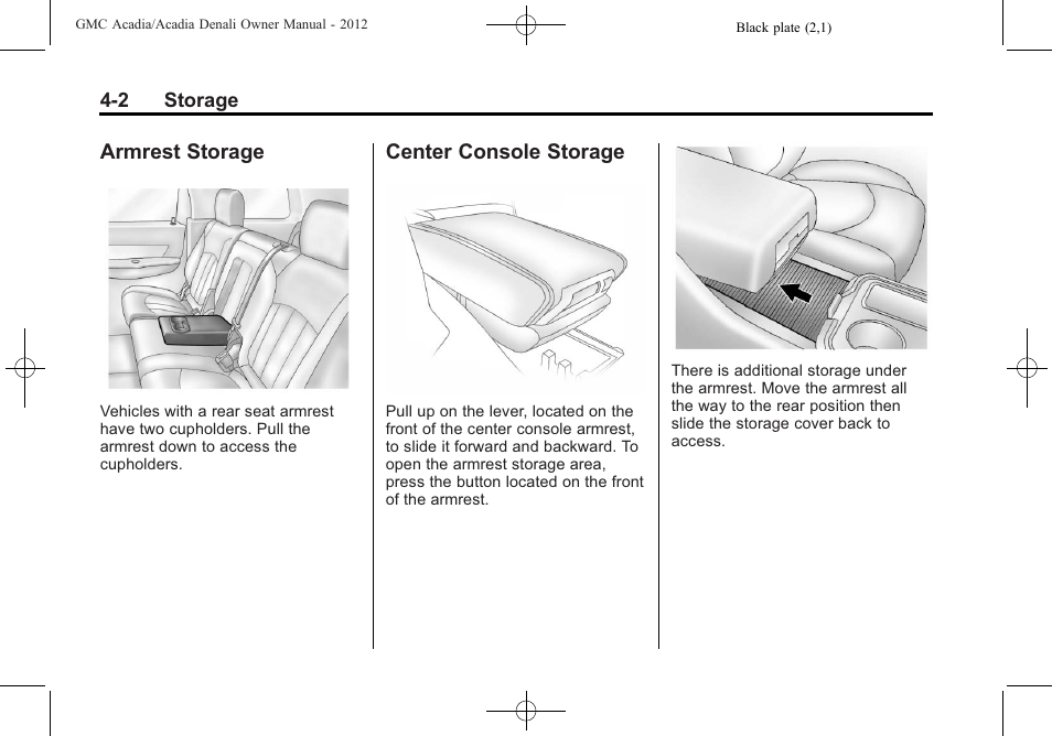 Armrest storage, Center console storage, Armrest storage -2 center console storage -2 | GMC 2012 Acadia User Manual | Page 112 / 456
