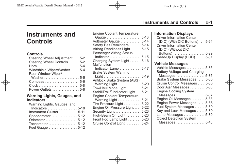 Instruments and controls, Controls -1, Instruments and controls 5-1 | GMC 2012 Acadia User Manual | Page 117 / 456