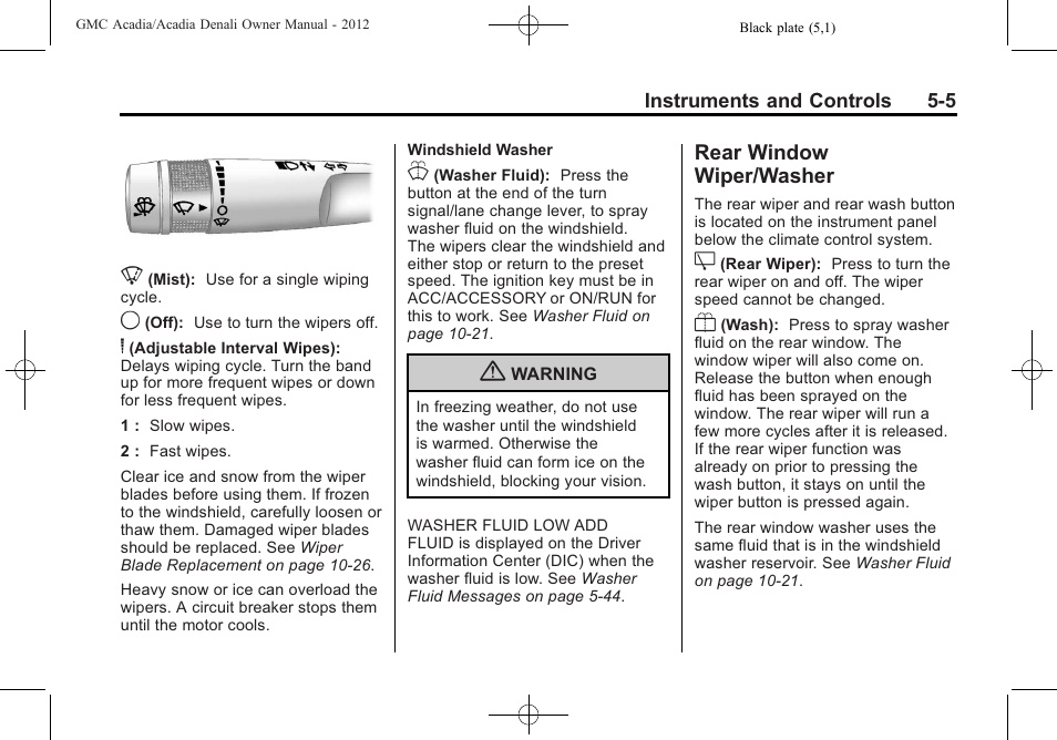Rear window wiper/washer, Rear window wiper, Washer -5 | GMC 2012 Acadia User Manual | Page 121 / 456