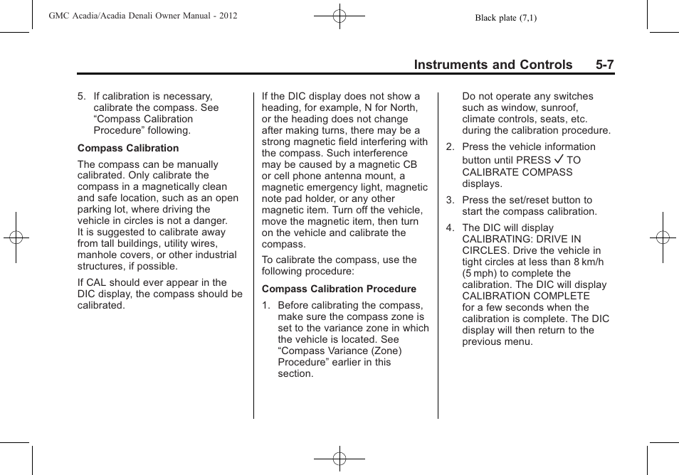 Instruments and controls 5-7 | GMC 2012 Acadia User Manual | Page 123 / 456