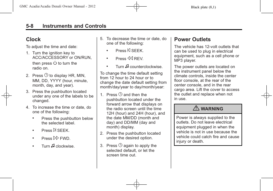 Clock, Power outlets, Clock -8 power outlets -8 | GMC 2012 Acadia User Manual | Page 124 / 456