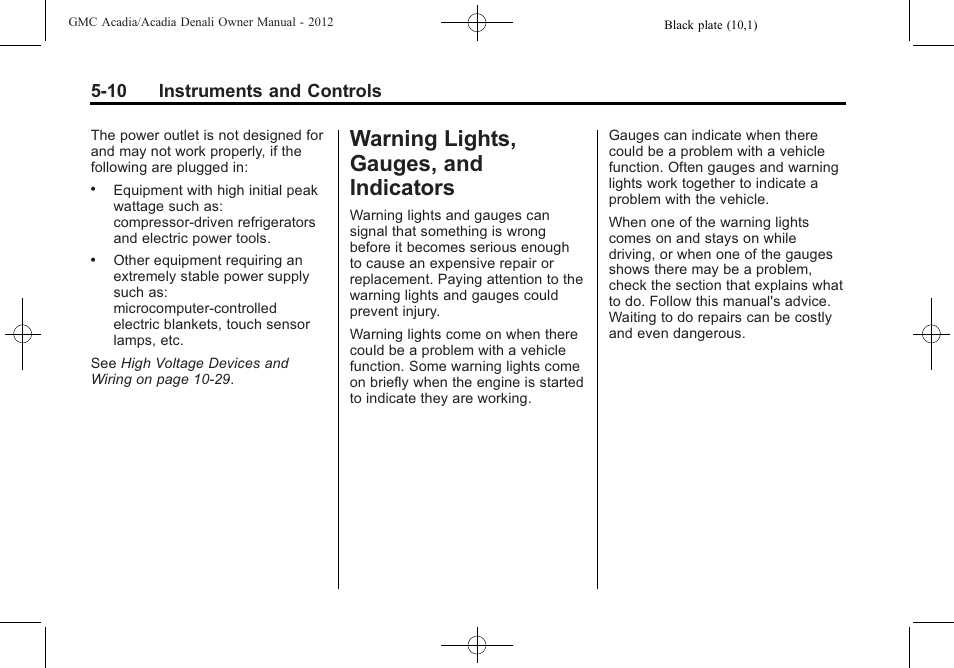 Warning lights, gauges, and indicators, Warning lights, gauges, and, Indicators -10 | Maintenance -12, 10 instruments and controls | GMC 2012 Acadia User Manual | Page 126 / 456