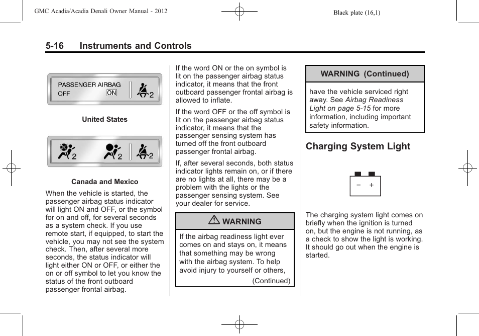 Charging system light, Charging system light -16 | GMC 2012 Acadia User Manual | Page 132 / 456