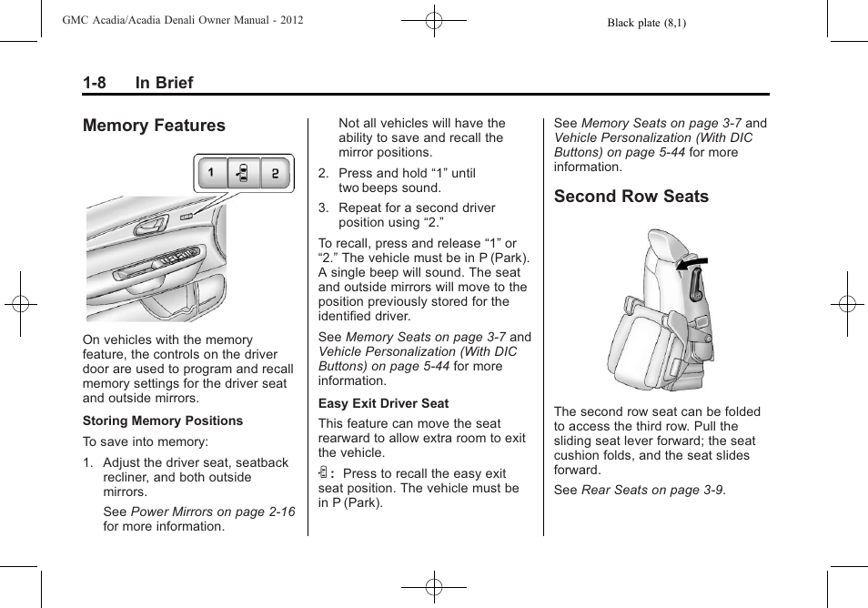 Memory features, Second row seats, Memory features -8 second row seats -8 | GMC 2012 Acadia User Manual | Page 14 / 456