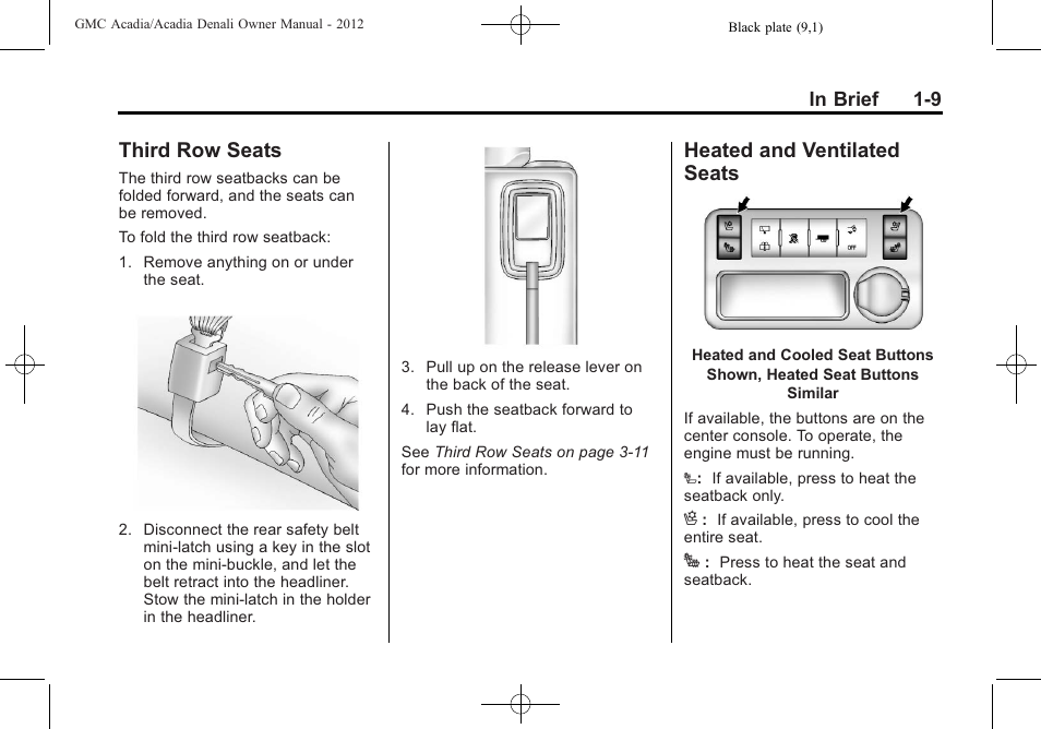 Third row seats, Heated and ventilated seats, Third row seats -9 heated and ventilated | Seats -9 | GMC 2012 Acadia User Manual | Page 15 / 456