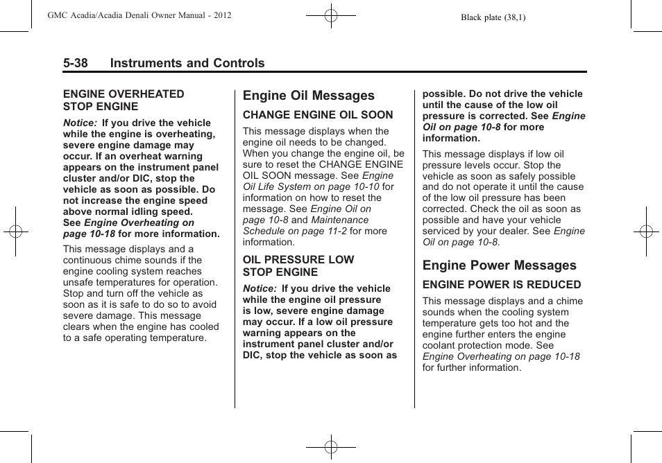 Engine oil messages, Engine power messages, Engine oil messages -38 engine power messages -38 | GMC 2012 Acadia User Manual | Page 154 / 456