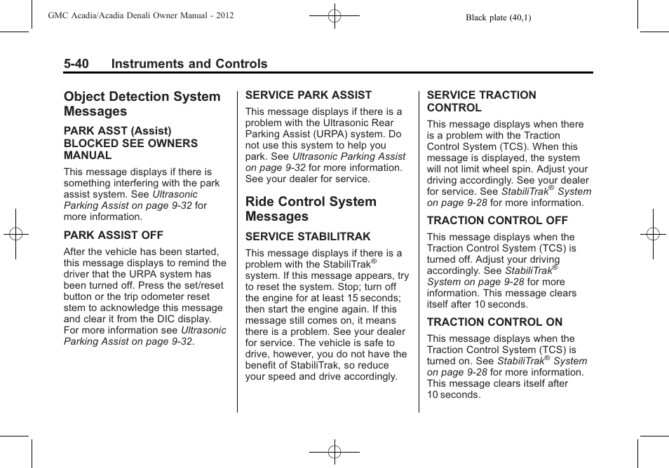 Object detection system messages, Ride control system messages, Object detection system | Messages -40, Ride control system, 40 instruments and controls | GMC 2012 Acadia User Manual | Page 156 / 456