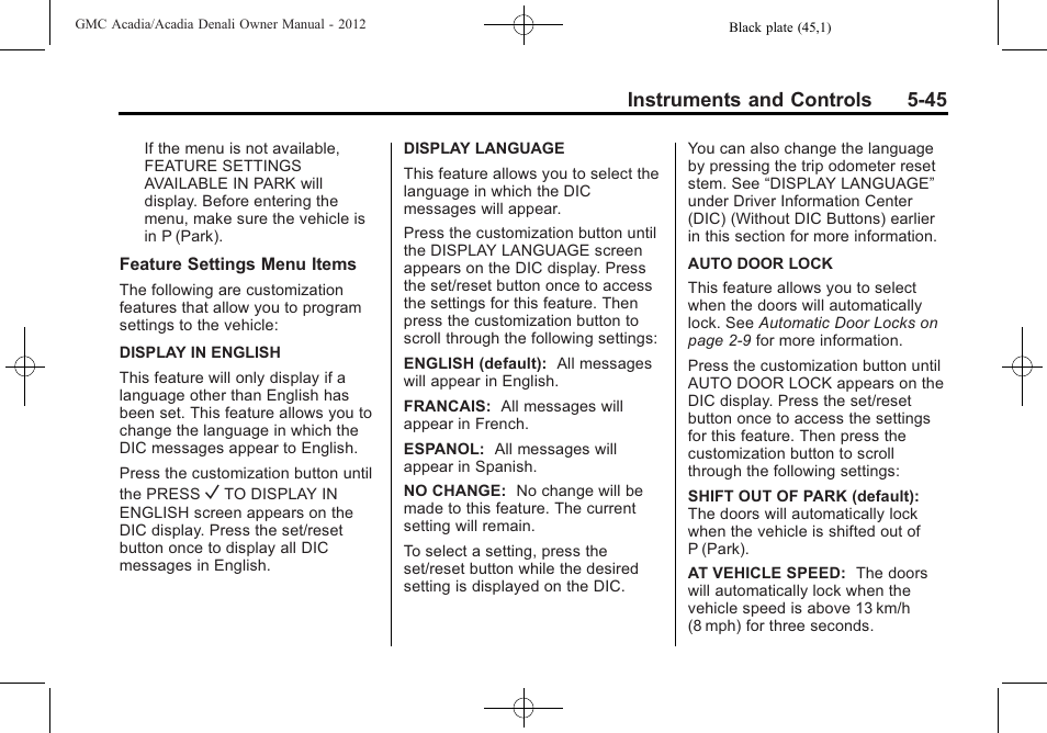 Instruments and controls 5-45 | GMC 2012 Acadia User Manual | Page 161 / 456