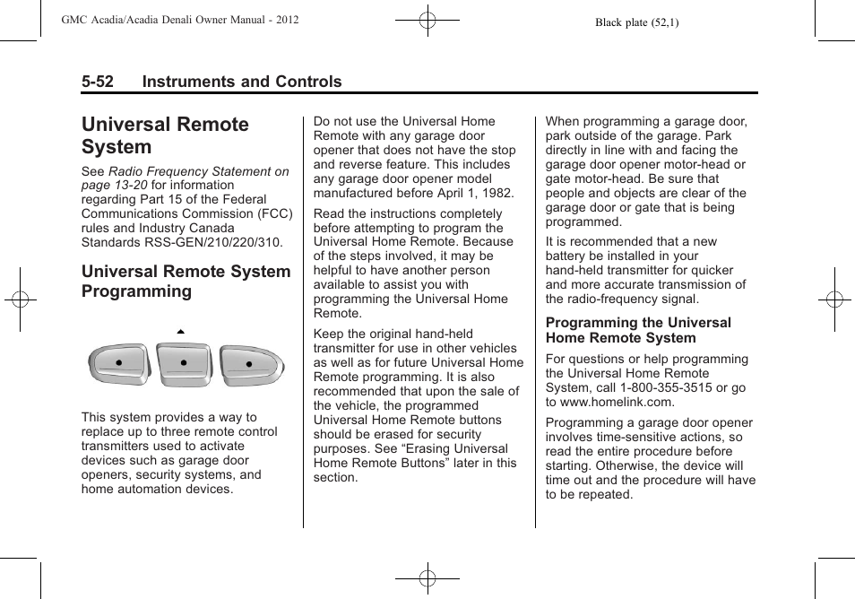 Universal remote system, Universal remote system programming, System -52 | Programming -52 | GMC 2012 Acadia User Manual | Page 168 / 456