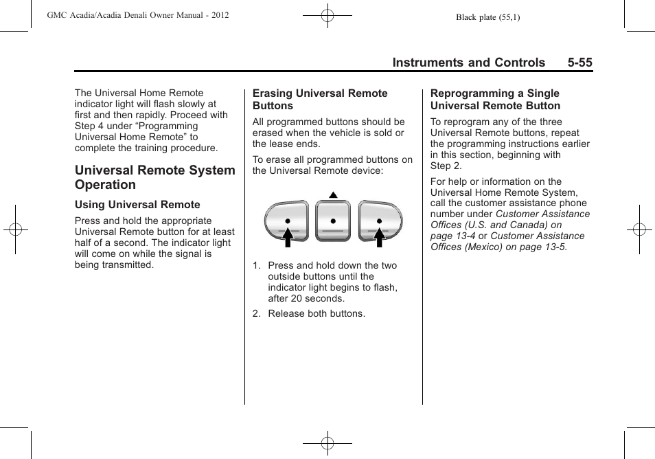 Universal remote system operation, Universal remote system, Operation -55 | Pull | GMC 2012 Acadia User Manual | Page 171 / 456