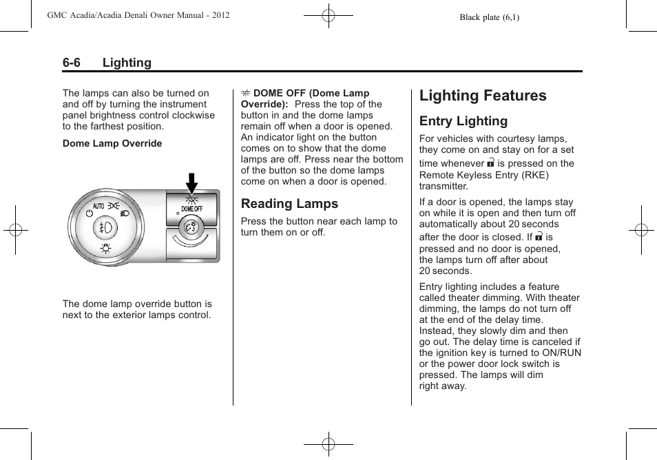 Reading lamps, Lighting features, Entry lighting | Lighting features -6, Ride control, Reading lamps -6, Entry lighting -6 | GMC 2012 Acadia User Manual | Page 178 / 456