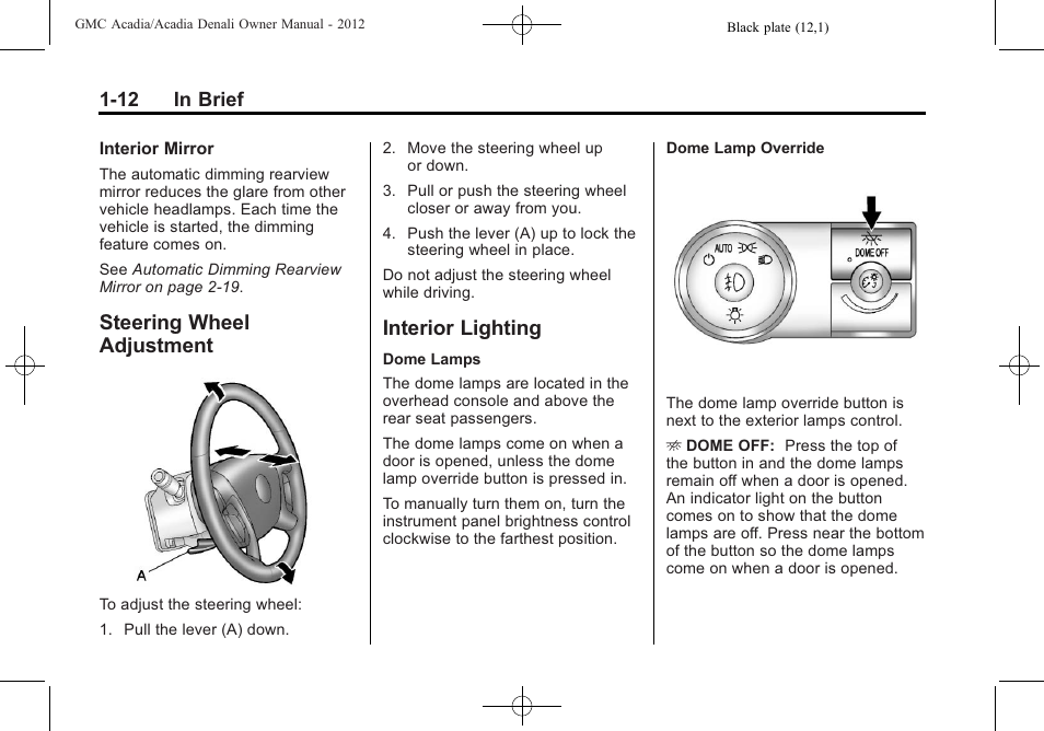 Steering wheel adjustment, Interior lighting, Steering wheel | Adjustment -12, Interior lighting -12 | GMC 2012 Acadia User Manual | Page 18 / 456