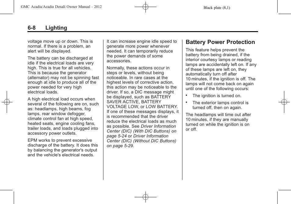 Battery power protection, Battery power protection -8, 8 lighting | GMC 2012 Acadia User Manual | Page 180 / 456