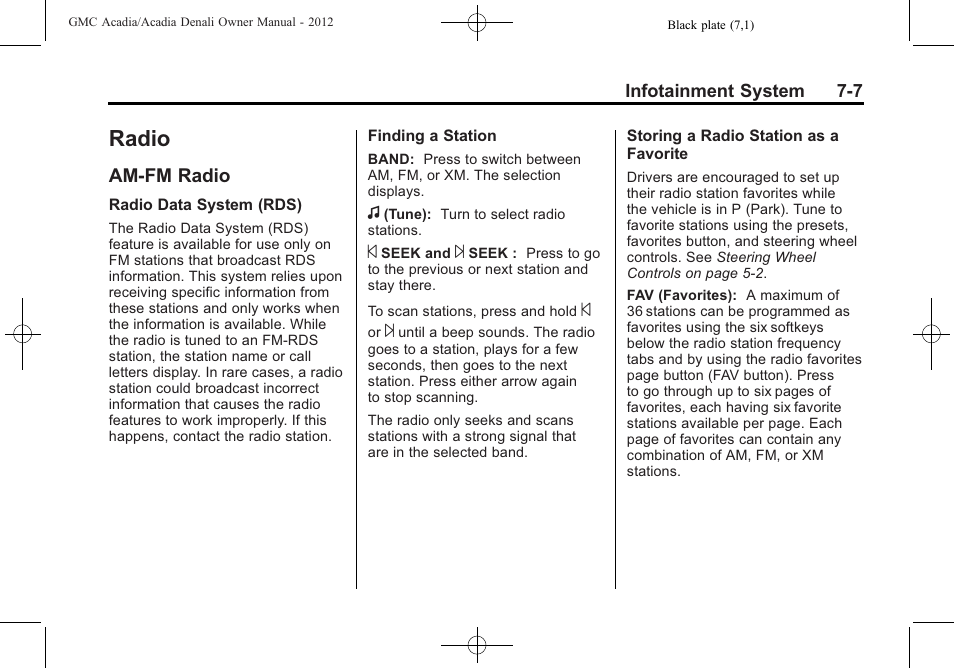 Radio, Am-fm radio, Radio -7 | Towing, Am-fm radio -7 | GMC 2012 Acadia User Manual | Page 187 / 456