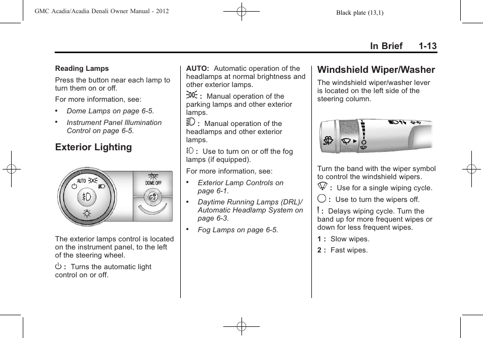 Exterior lighting, Windshield wiper/washer, Exterior lighting -13 windshield wiper/washer -13 | GMC 2012 Acadia User Manual | Page 19 / 456
