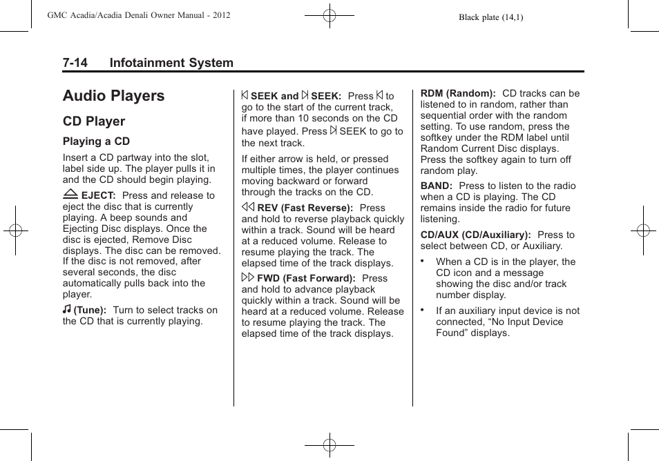 Audio players, Cd player, Conversions and add-ons -51 | Cd player -14 | GMC 2012 Acadia User Manual | Page 194 / 456