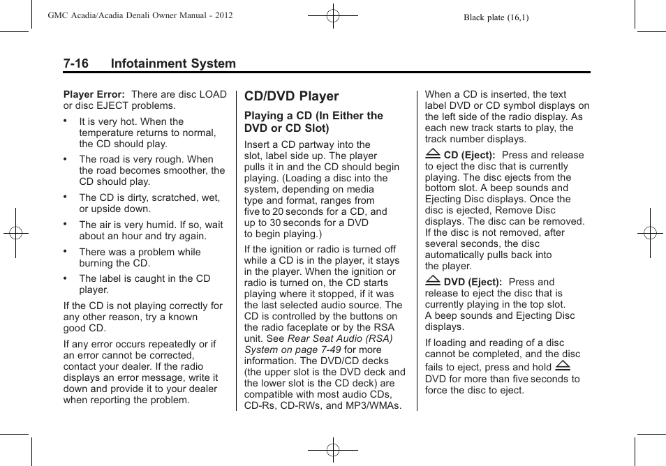 Cd/dvd player, Cd/dvd player -16, 16 infotainment system | GMC 2012 Acadia User Manual | Page 196 / 456