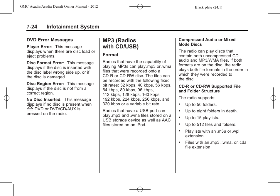 Mp3 (radios with cd/usb), Mp3 (radios with, Cd/usb) -24 | 24 infotainment system | GMC 2012 Acadia User Manual | Page 204 / 456