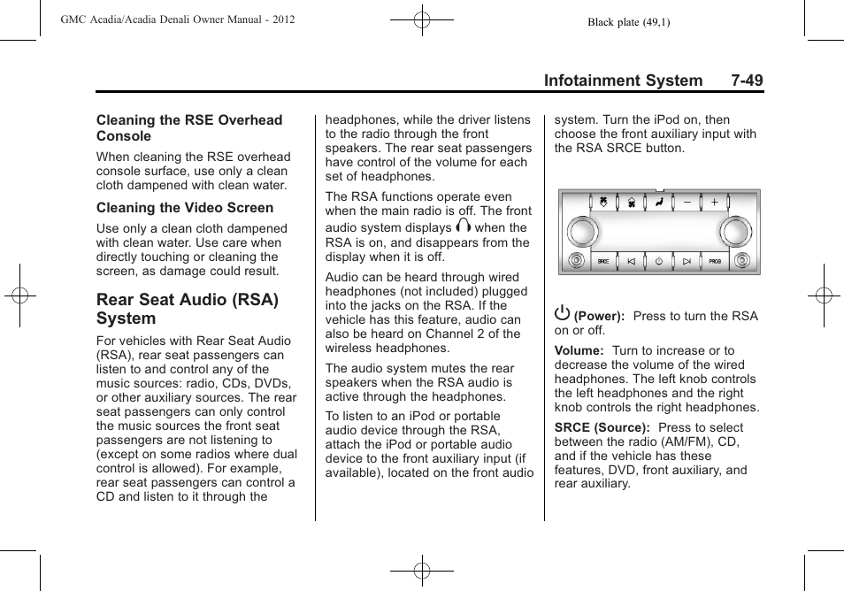 Rear seat audio (rsa) system, Rear seat audio (rsa), System -49 | GMC 2012 Acadia User Manual | Page 229 / 456