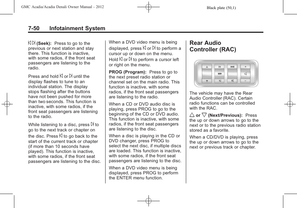 Rear audio controller (rac), Rear audio, Controller (rac) -50 | GMC 2012 Acadia User Manual | Page 230 / 456