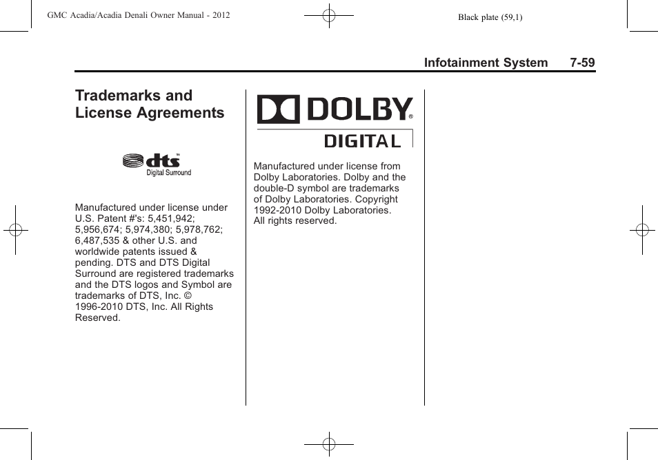 Trademarks and license agreements, Agreements -59, Trademarks and license | GMC 2012 Acadia User Manual | Page 239 / 456