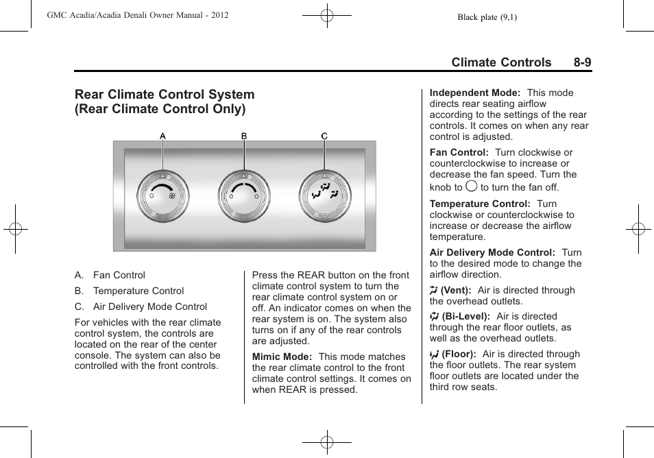 Rear climate control system, Rear climate control only) -9 | GMC 2012 Acadia User Manual | Page 249 / 456