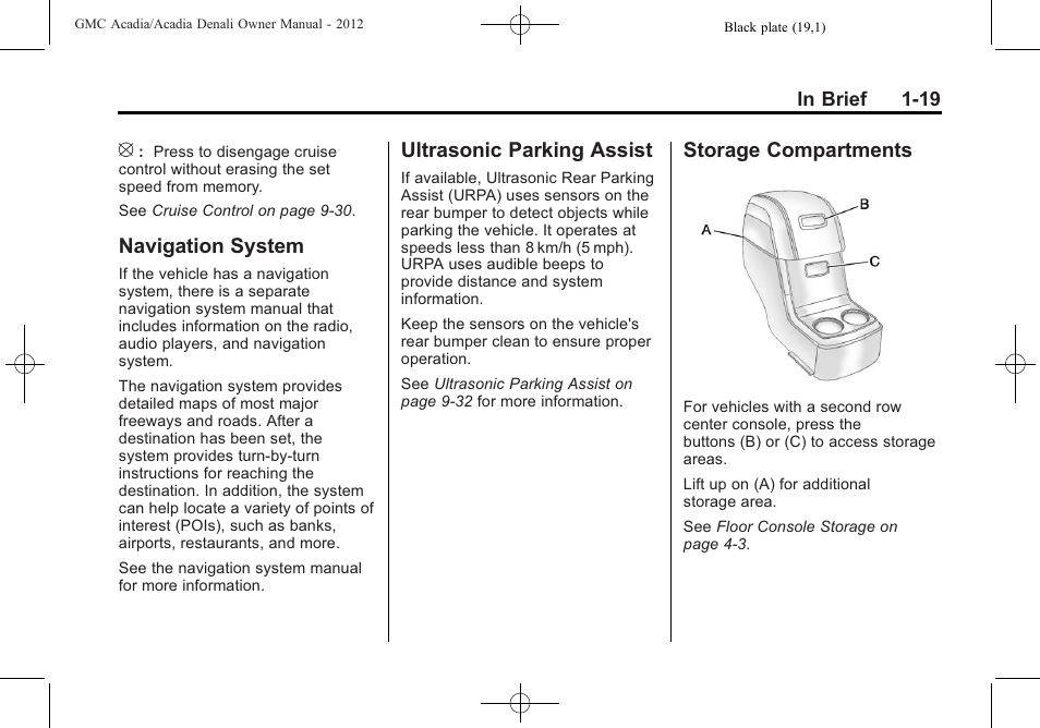 Navigation system, Ultrasonic parking assist, Storage compartments | GMC 2012 Acadia User Manual | Page 25 / 456