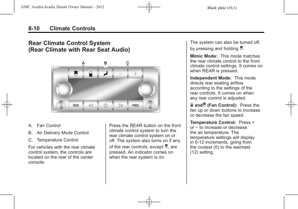 Rear climate control system, Rear climate with rear seat audio) -10 | GMC 2012 Acadia User Manual | Page 250 / 456