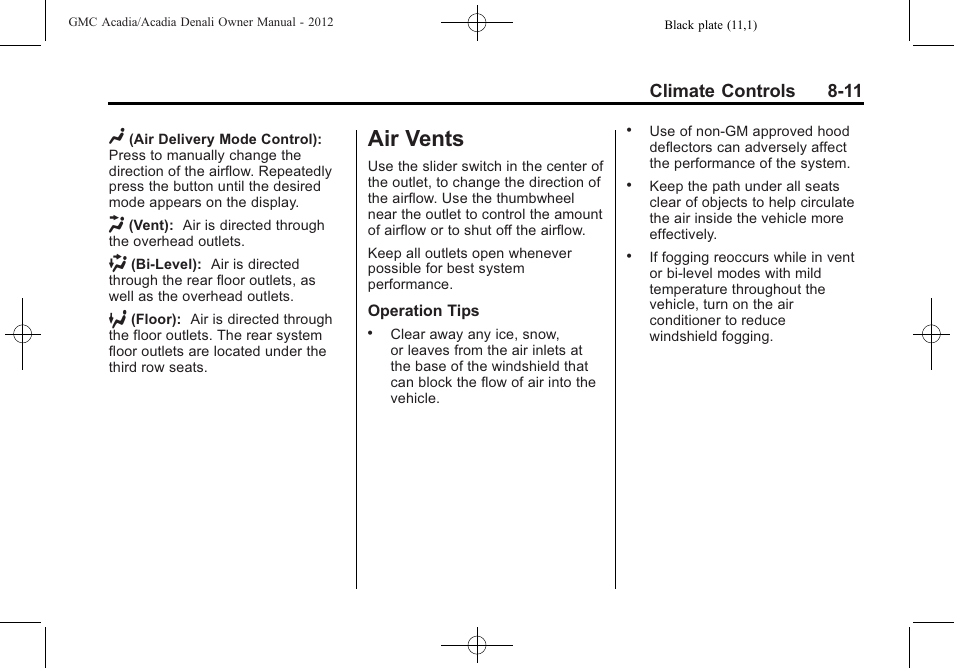 Air vents, Air vents -11, Climate controls 8-11 | GMC 2012 Acadia User Manual | Page 251 / 456