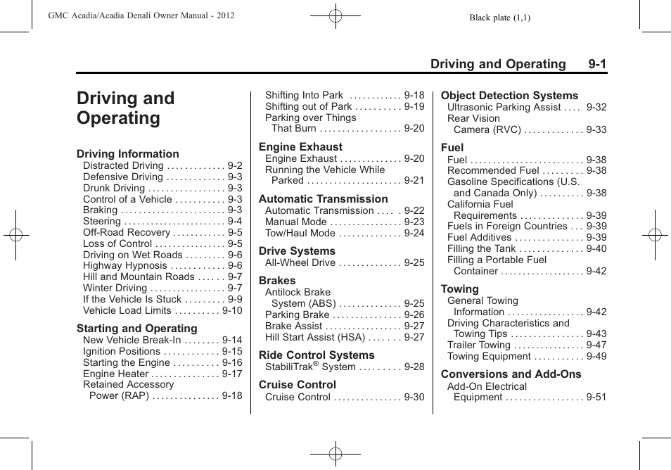 Driving and operating, Driving and operating 9-1 | GMC 2012 Acadia User Manual | Page 255 / 456