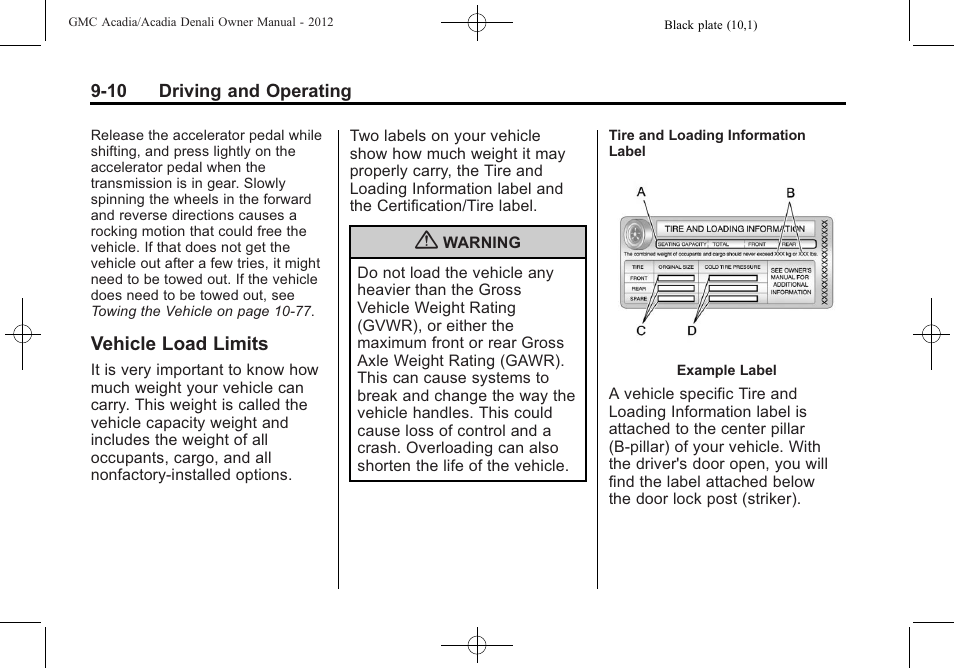 Vehicle load limits, Vehicle load limits -10 | GMC 2012 Acadia User Manual | Page 264 / 456