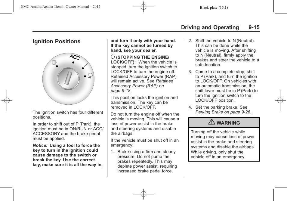 Ignition positions, Ignition positions -15 | GMC 2012 Acadia User Manual | Page 269 / 456