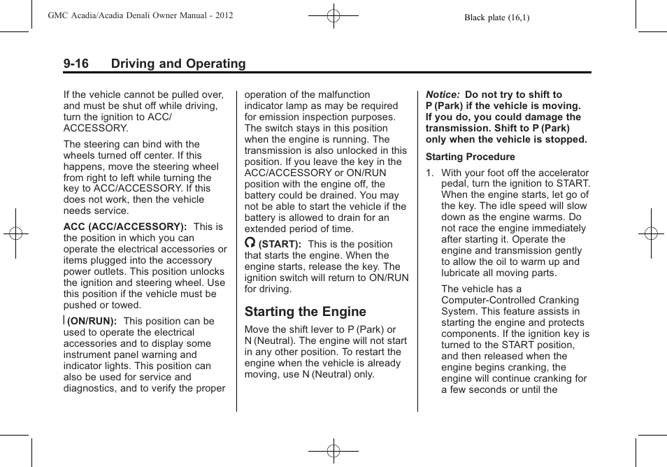 Starting the engine, Starting the engine -16 | GMC 2012 Acadia User Manual | Page 270 / 456