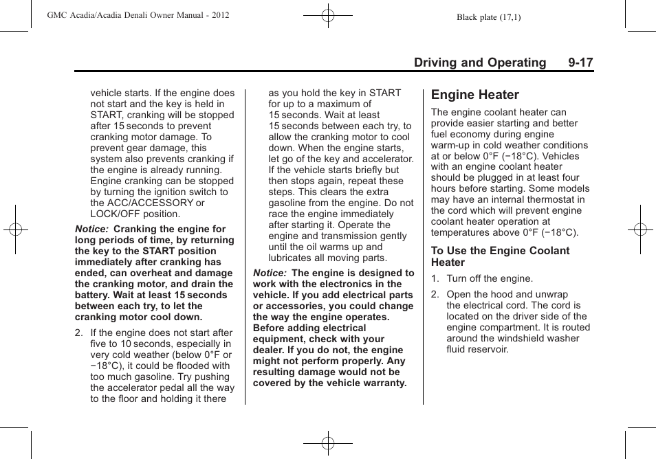 Engine heater, Engine heater -17 | GMC 2012 Acadia User Manual | Page 271 / 456