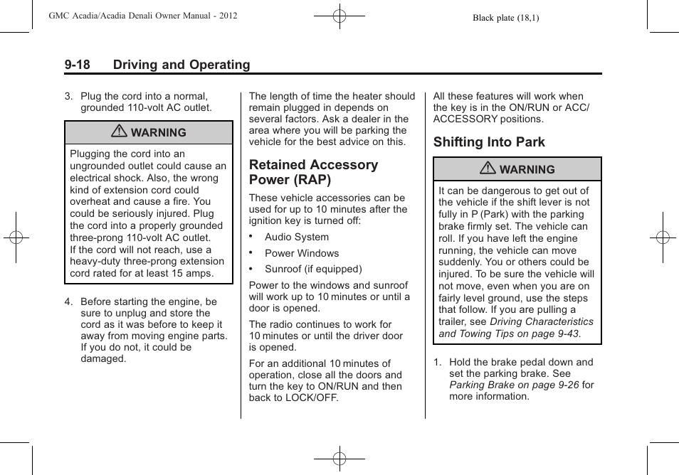Retained accessory power (rap), Shifting into park, Retained accessory | Power (rap) -18, Shifting into park -18, Object | GMC 2012 Acadia User Manual | Page 272 / 456