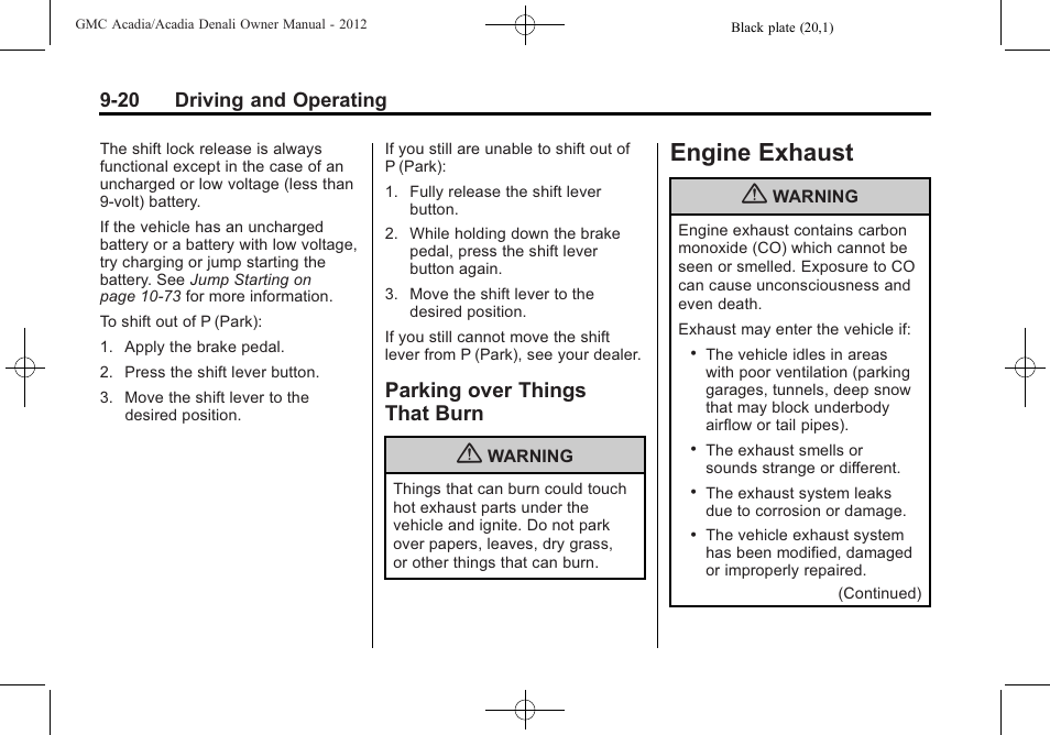 Parking over things that burn, Engine exhaust, Engine exhaust -20 | Parking over things, That burn -20 | GMC 2012 Acadia User Manual | Page 274 / 456