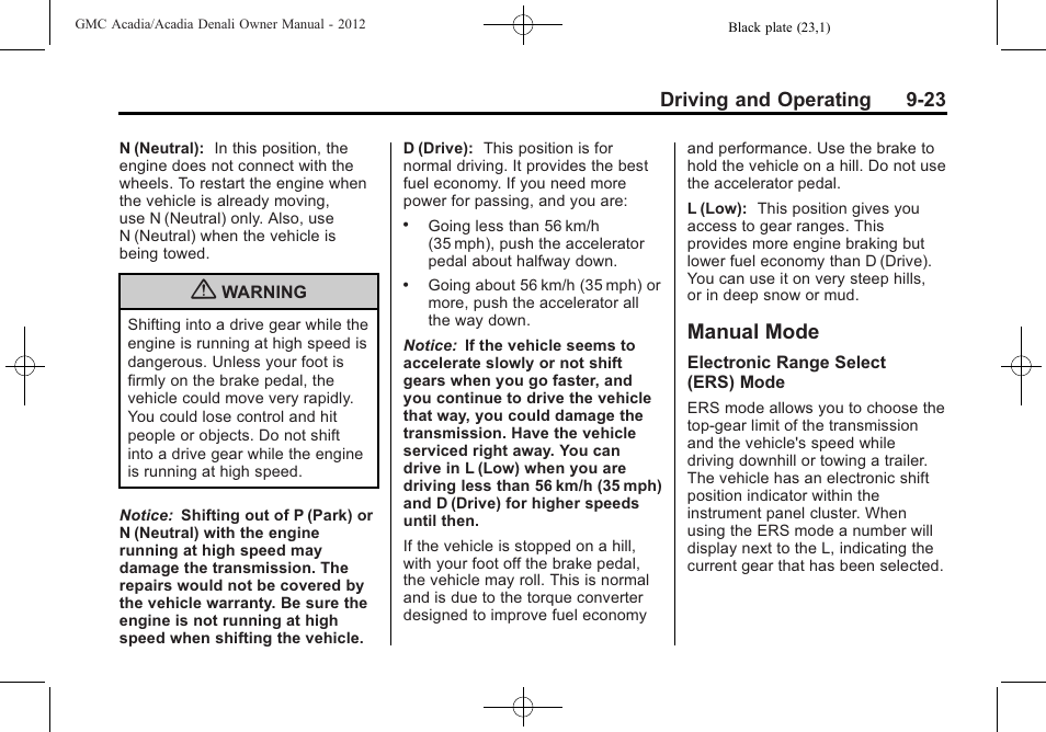 Manual mode, Mode -23 | GMC 2012 Acadia User Manual | Page 277 / 456