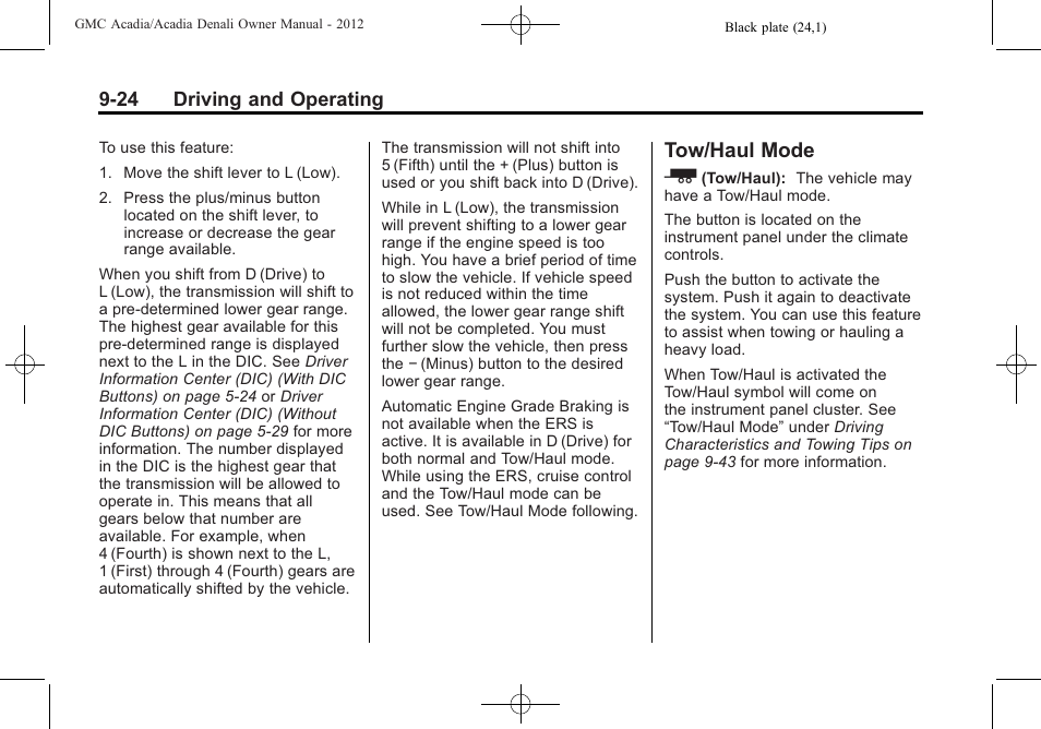 Tow/haul mode, Tow/haul mode -24, 24 driving and operating | GMC 2012 Acadia User Manual | Page 278 / 456