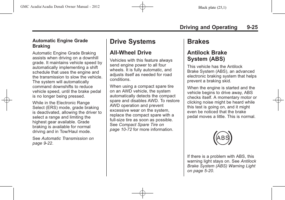 Drive systems, All-wheel drive, Brakes | Antilock brake system (abs), All-wheel drive -25, Brake, System (abs) -25, General | GMC 2012 Acadia User Manual | Page 279 / 456