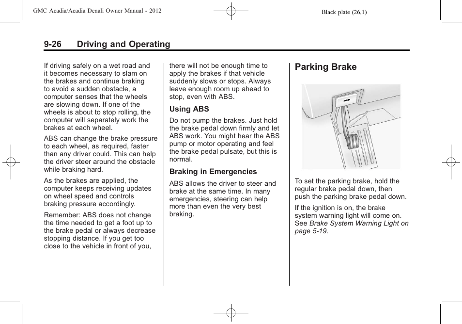 Parking brake, Parking brake -26 | GMC 2012 Acadia User Manual | Page 280 / 456