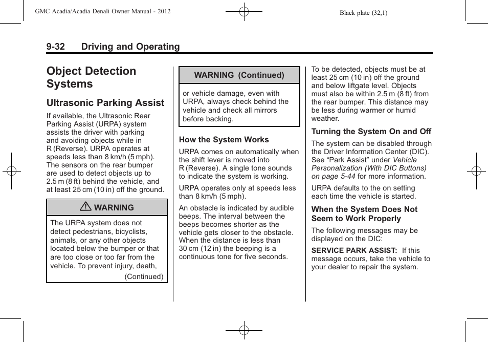 Object detection systems, Ultrasonic parking assist, Object detection systems -32 | Ultrasonic parking assist -32 | GMC 2012 Acadia User Manual | Page 286 / 456