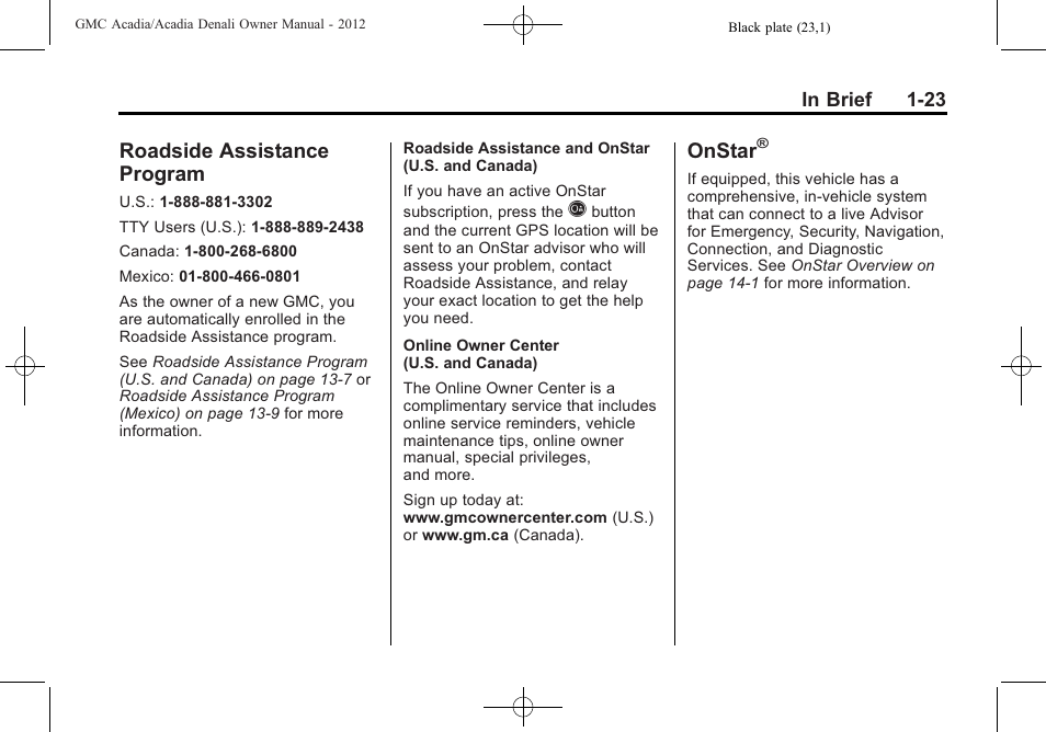 Roadside assistance program, Onstar, Roadside assistance | Program -23 | GMC 2012 Acadia User Manual | Page 29 / 456