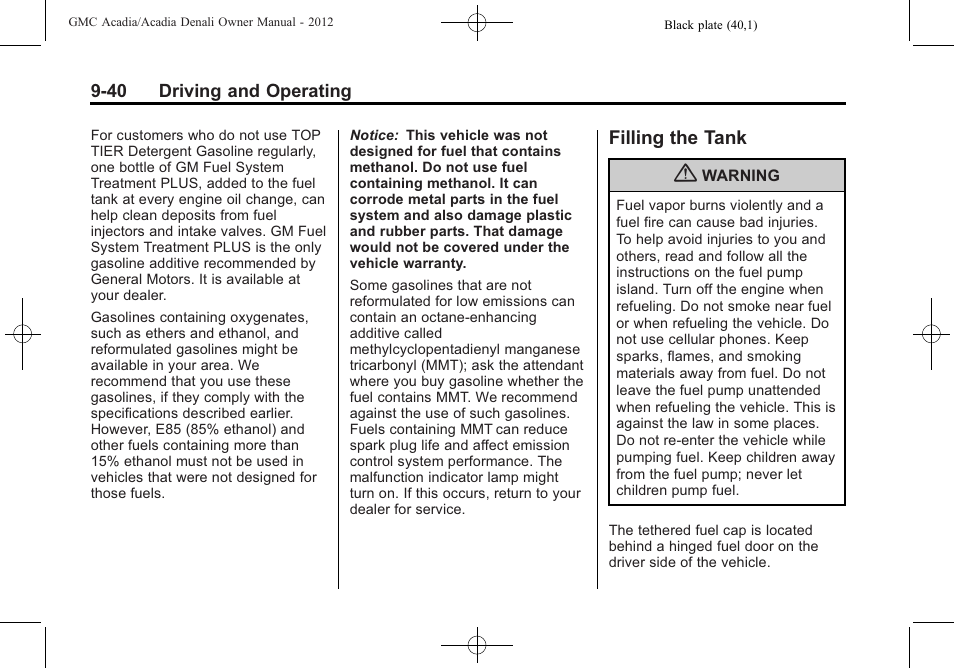 Filling the tank, Filling the tank -40 | GMC 2012 Acadia User Manual | Page 294 / 456