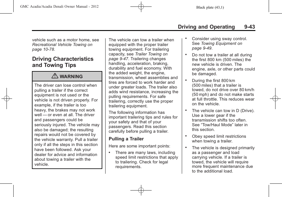 Driving characteristics and towing tips, Driving characteristics and, Towing tips -43 | Driving and operating 9-43 | GMC 2012 Acadia User Manual | Page 297 / 456