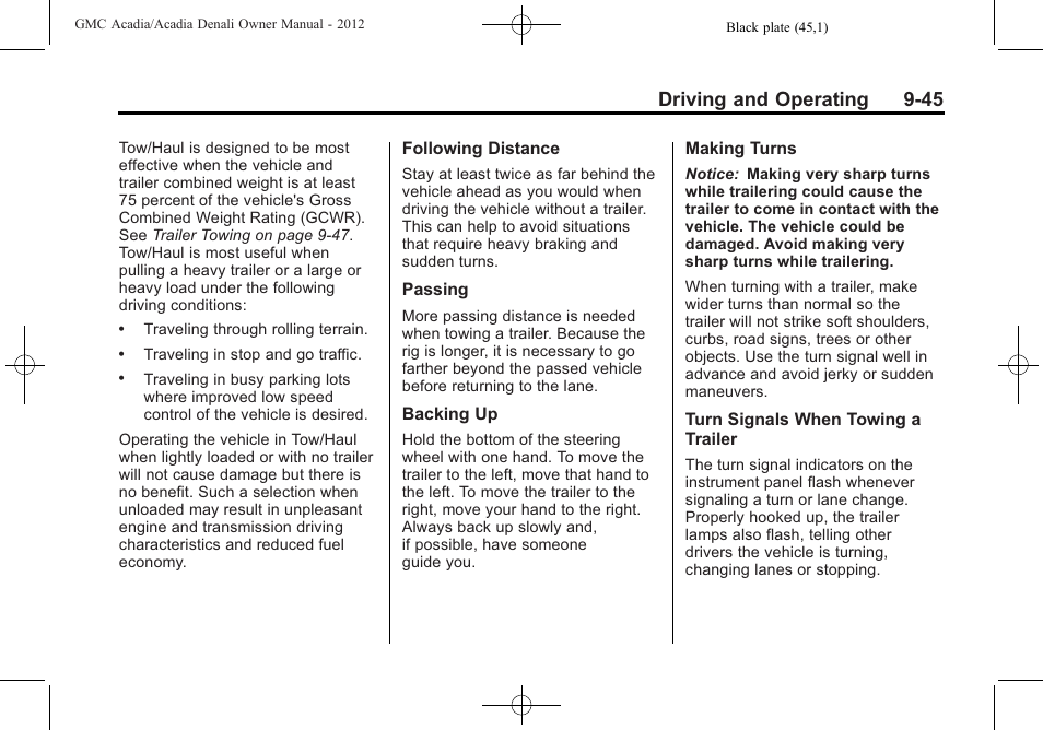 Driving and operating 9-45 | GMC 2012 Acadia User Manual | Page 299 / 456